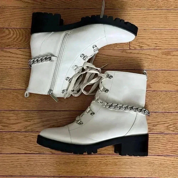 [9.5US] KARL LAGERFELD White Leather Patrice Chain-Detailed PlatformCombat Boots - Picture 4 of 12